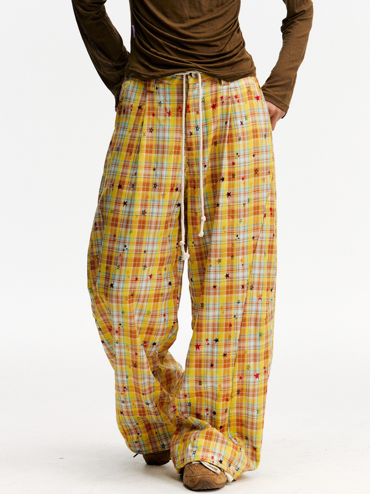 Ashlight - Women's Star Plaid Print Lightweight Drawstring Pants